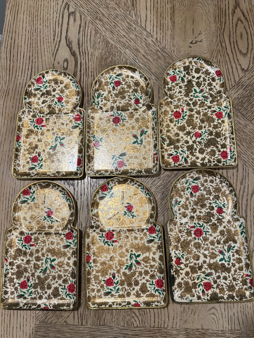 Vintage Japanese Floral Gold Accent Trays - Set of 6